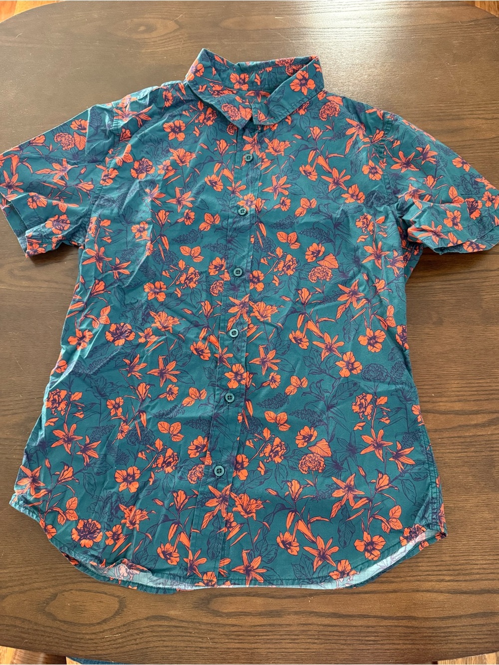 Wildfang Teal Short-Sleeve Button-Down with Orange Floral Print